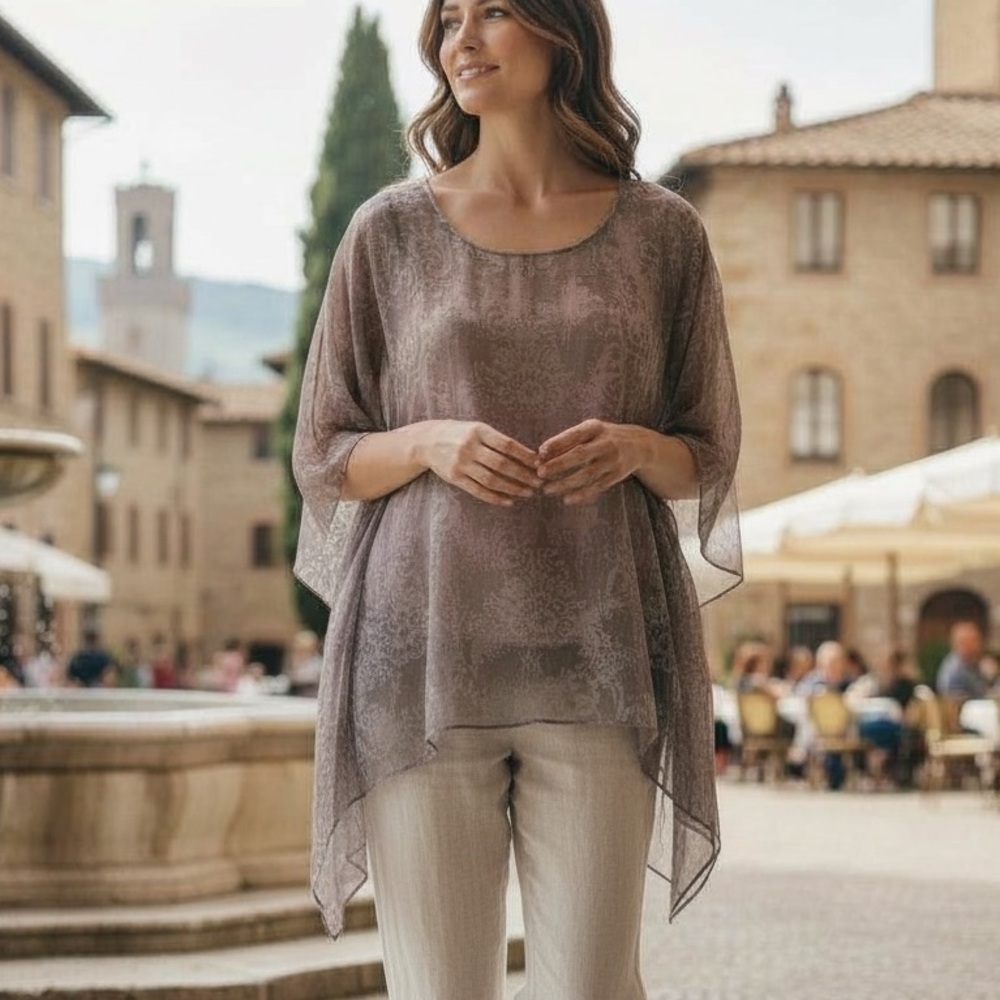 Soft Surroundings | 100% Silk Kimono/Poncho Style Top - Neutral Floral